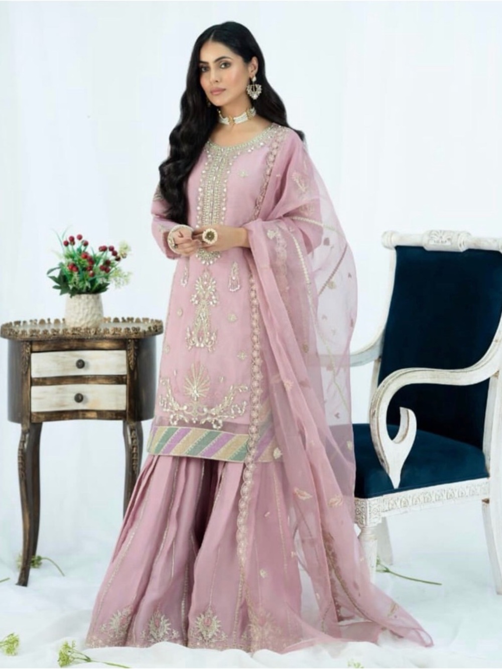 Embellished Pink Women's Dress with Sheer Dupatta